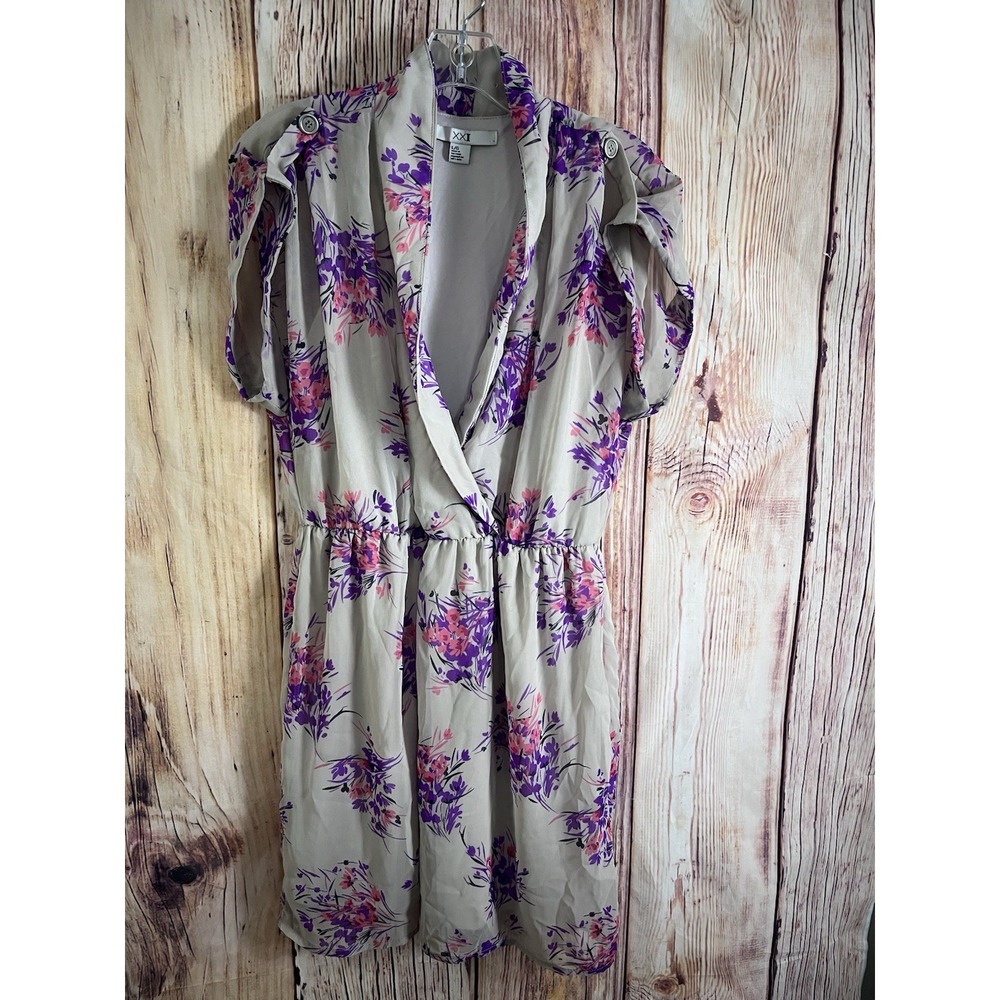 XXI Sheer Dress Size Large Women's Brown Multi Colors V Neck Roll Sleeve